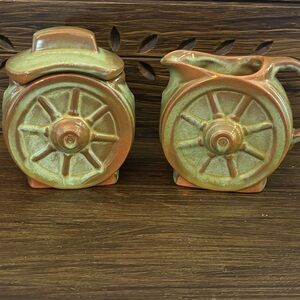 Frankoma Vintage Prairie Green Creamer & Sugar Bowl w/Lid Set